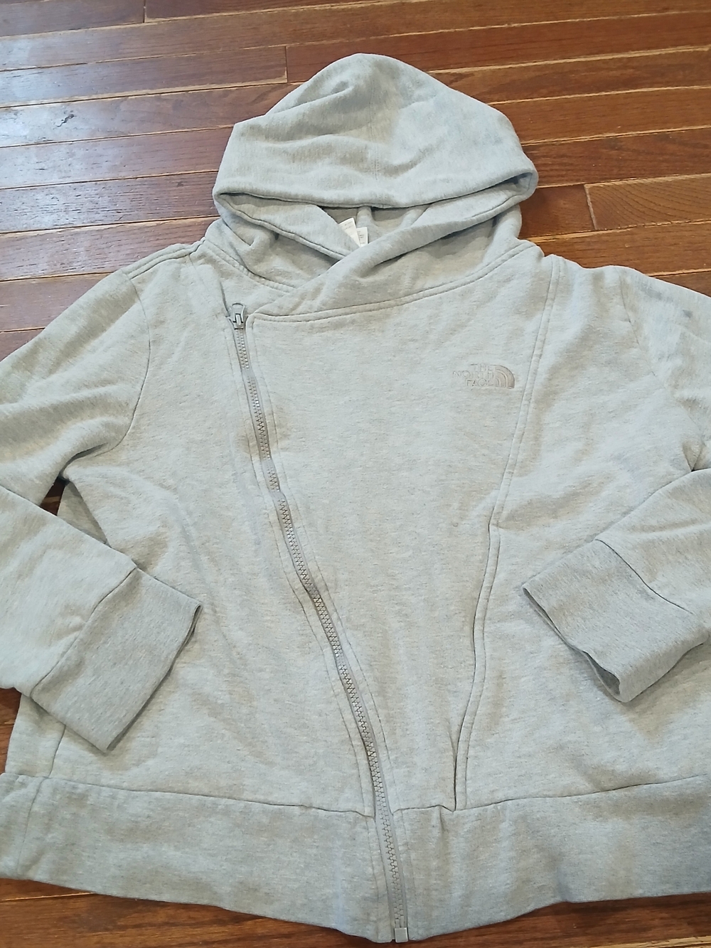 The North Face Womens Light Gray Hooded Asymmetric Zip Jacket Sz L Fall Winter